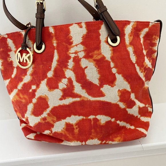 Michael Kors Jet Set Tie Dye Grab Bag Canvas Tote Persimmon Orange - Picture 5 of 8